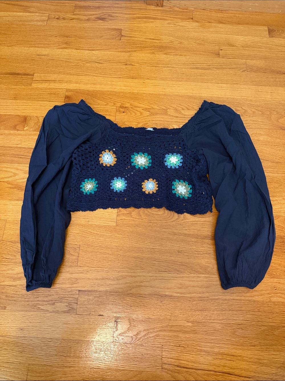 aerie Navy Crochet Floral Square-Neck Long-Sleeve Crop Top